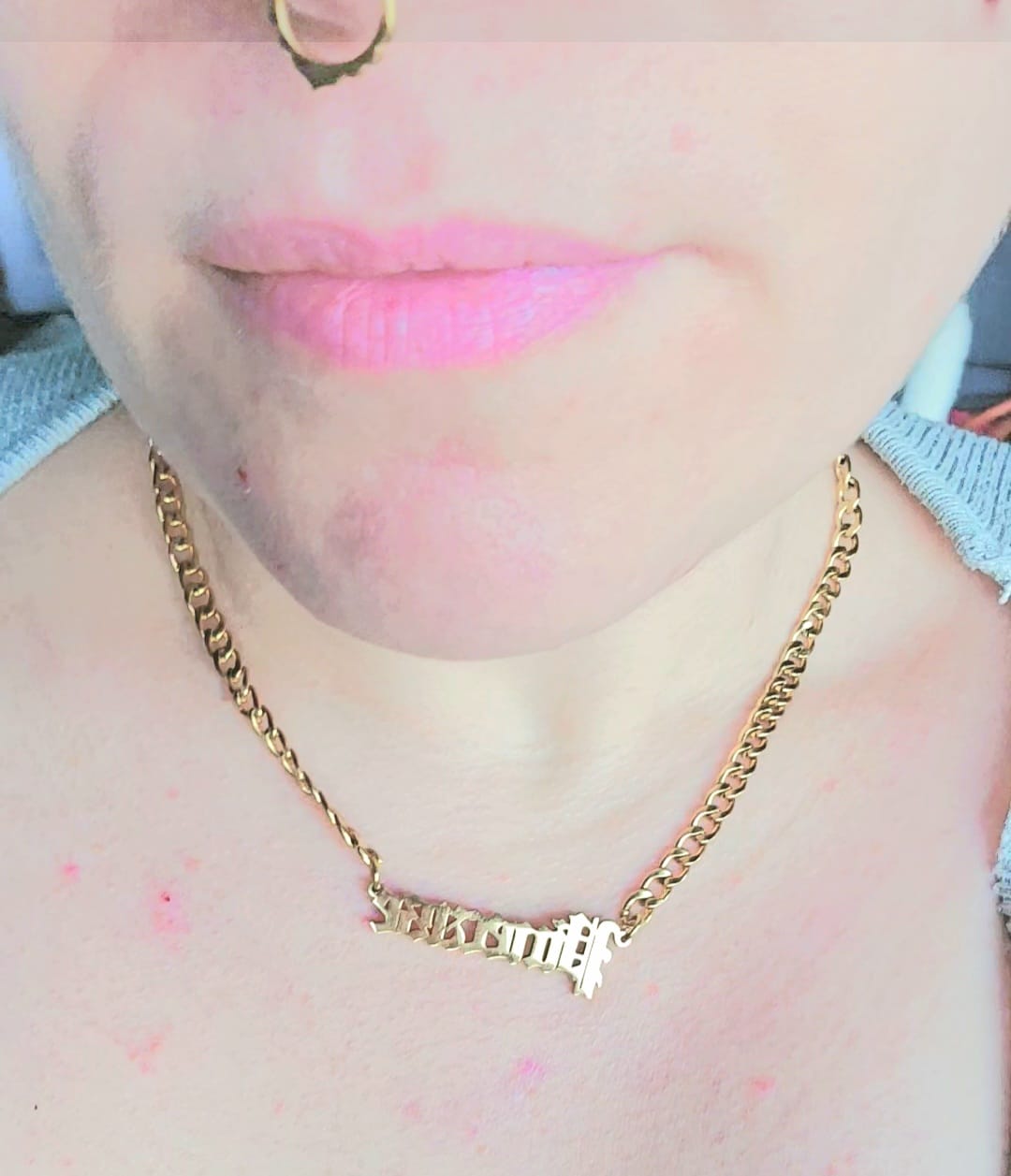 Customer photo review of Thick Gothic Nameplate Necklace w/ Cuban Chain