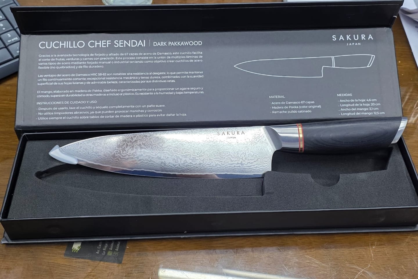 Customer photo review of Cuchillo Chef Sendai Sakura Dark Pakkawood 32 Cm