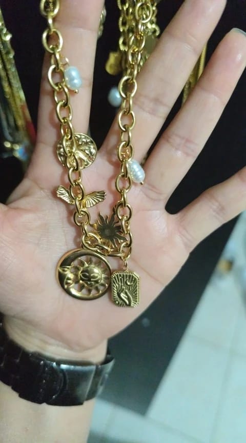 Customer photo review of Gold-Tone Stainless Steel Necklace Pearl Sun Moon Round Pendant — Gold | KIMLUD