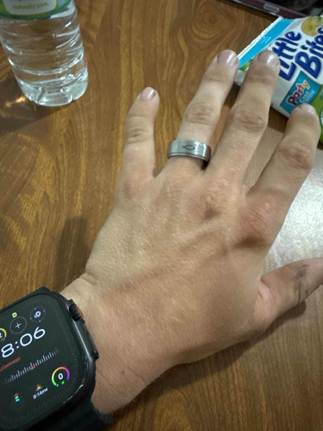 Customer photo review of Christian Wedding Band Titanium - Cross & Fish
