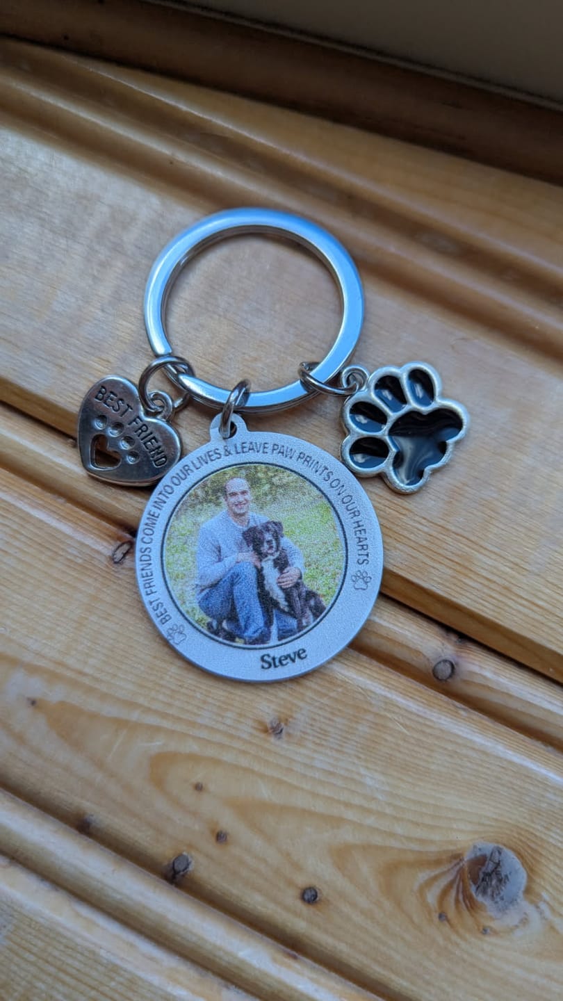 Customer photo review of Custom Personalized Photo Keychain Pet Charm Key Ornaments - Memorial Gift for Dog/Cat Lovers - You left paw prints on my heart