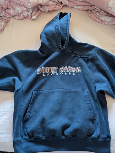 Customer photo review of Vintage Robert Morris University Hoodie Mens Small Blue College Reverse Weave Lacrosse