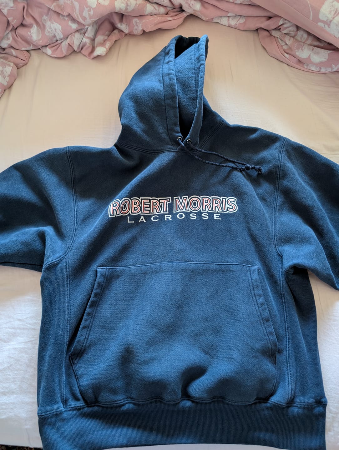 Customer photo review of Vintage Robert Morris University Hoodie Mens Small Blue College Reverse Weave Lacrosse