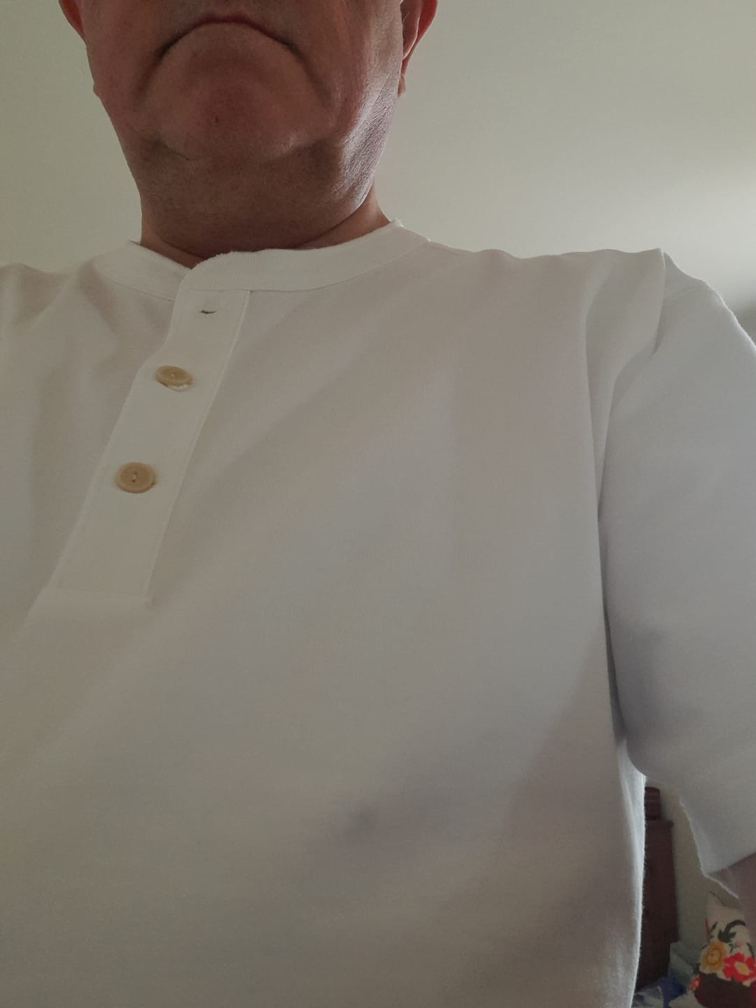 Customer photo review of 10.6 oz Cotton Short Sleeve Henley T-Shirt - White