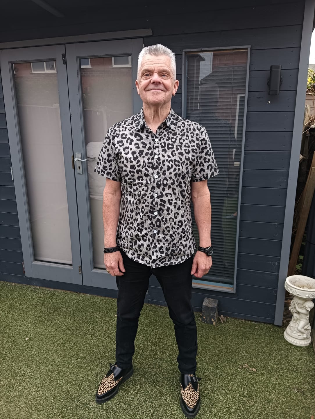 Customer photo review of Men's Cotton Casual White Leopard Animal Print Cheetah Rock Button Up Short Sleeve Shirt