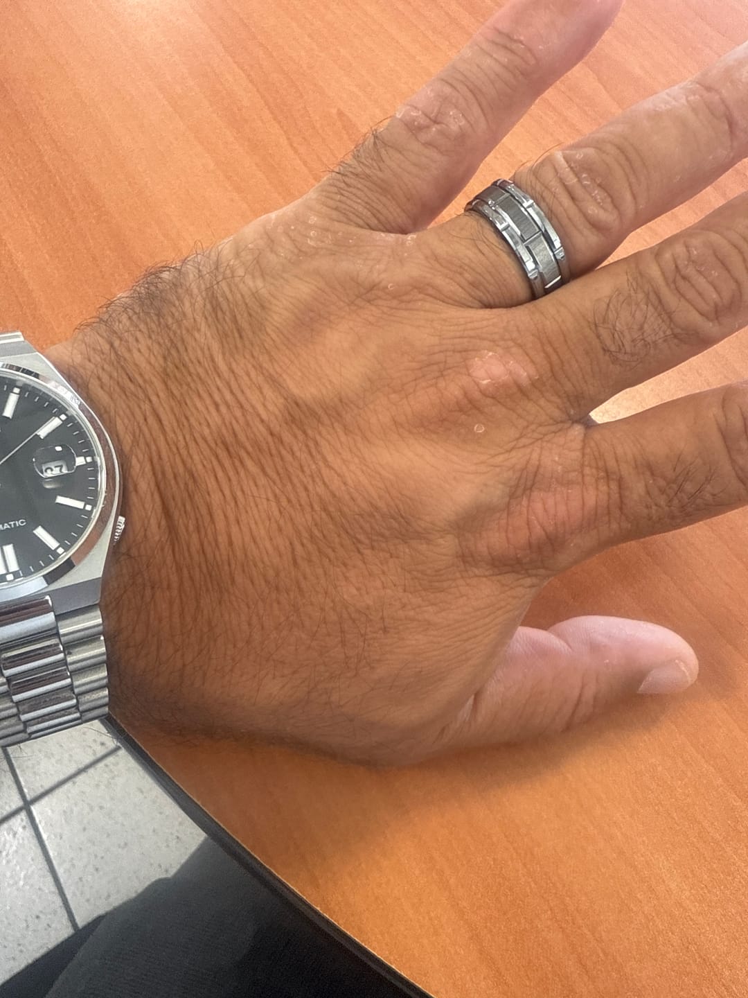 Customer photo review of Silver Tungsten Ring With Brick Pattern Brushed Center -8mm