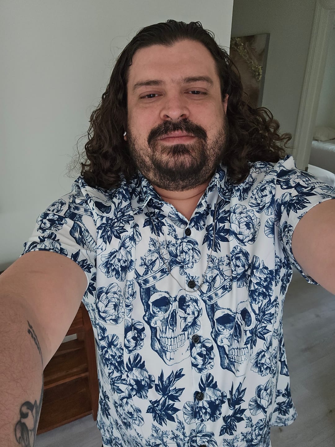 Customer photo review of Men's Punk Rock Crown Floral Skull Print Short Sleeve Shirt