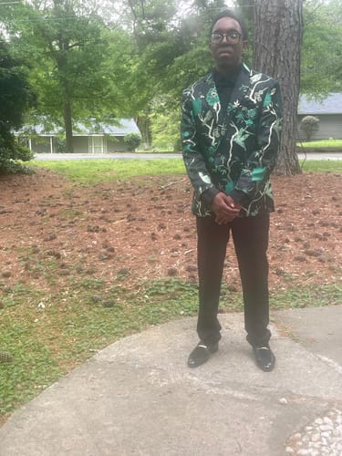 Customer photo review of Men's 2-Piece Forest Green Tuxedo Embroided Bird and Flower