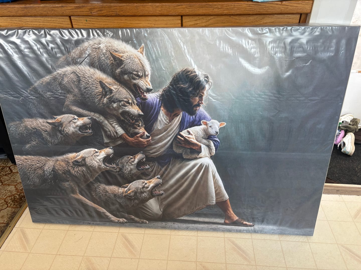 Customer photo review of Jesus Protects The Lamb From Wolves Wall Art Canvas