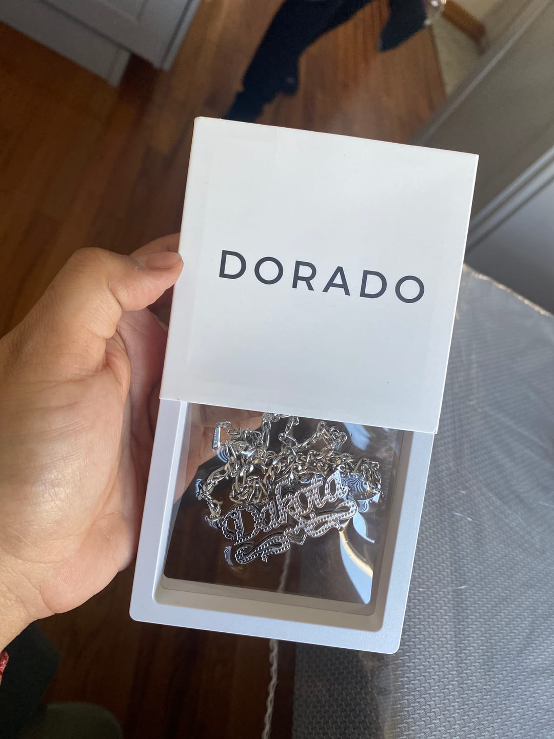 Customer photo review of Double Plated Heart Twirl Name Necklace w/ Figaro Chain