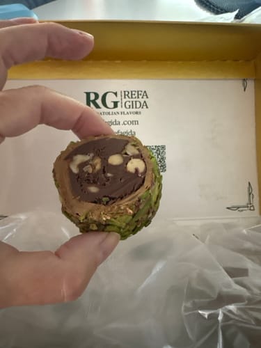 Customer photo review of Pistachio Wrapped Chocolate Turkish Delight with Hazelnuts