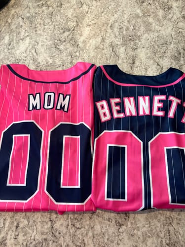 Customer photo review of Custom Navy Pink-Gray Stripe Fashion Raglan Sleeves Authentic Baseball Jersey