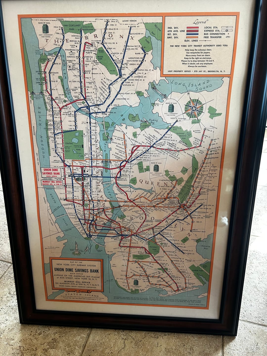 Customer photo review of Old Subway Map of New York City, 1954 by Voorhies - Queens, Brooklyn, Manhattan, IND, IRT, BMT Rail Lines