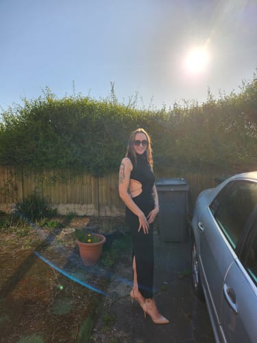 Customer photo review of High neck o ring butterfly applique backless slit midi dress