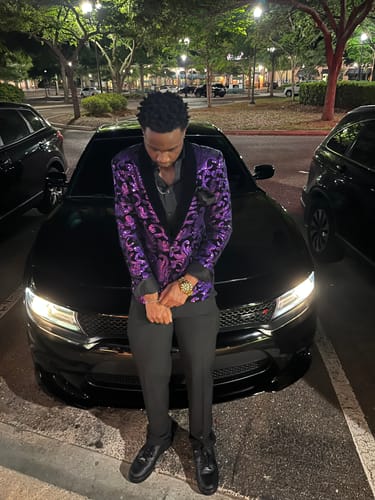 Customer photo review of Men's Sparkle Floral Purple Sequin Tuxedo Jacket