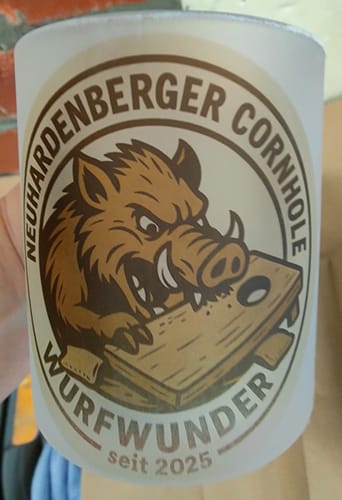 Customer photo review of Glas-Tasse Becher Klar und Satiniert Tasse mit Logo bedruckt 325ml Firmenlogo