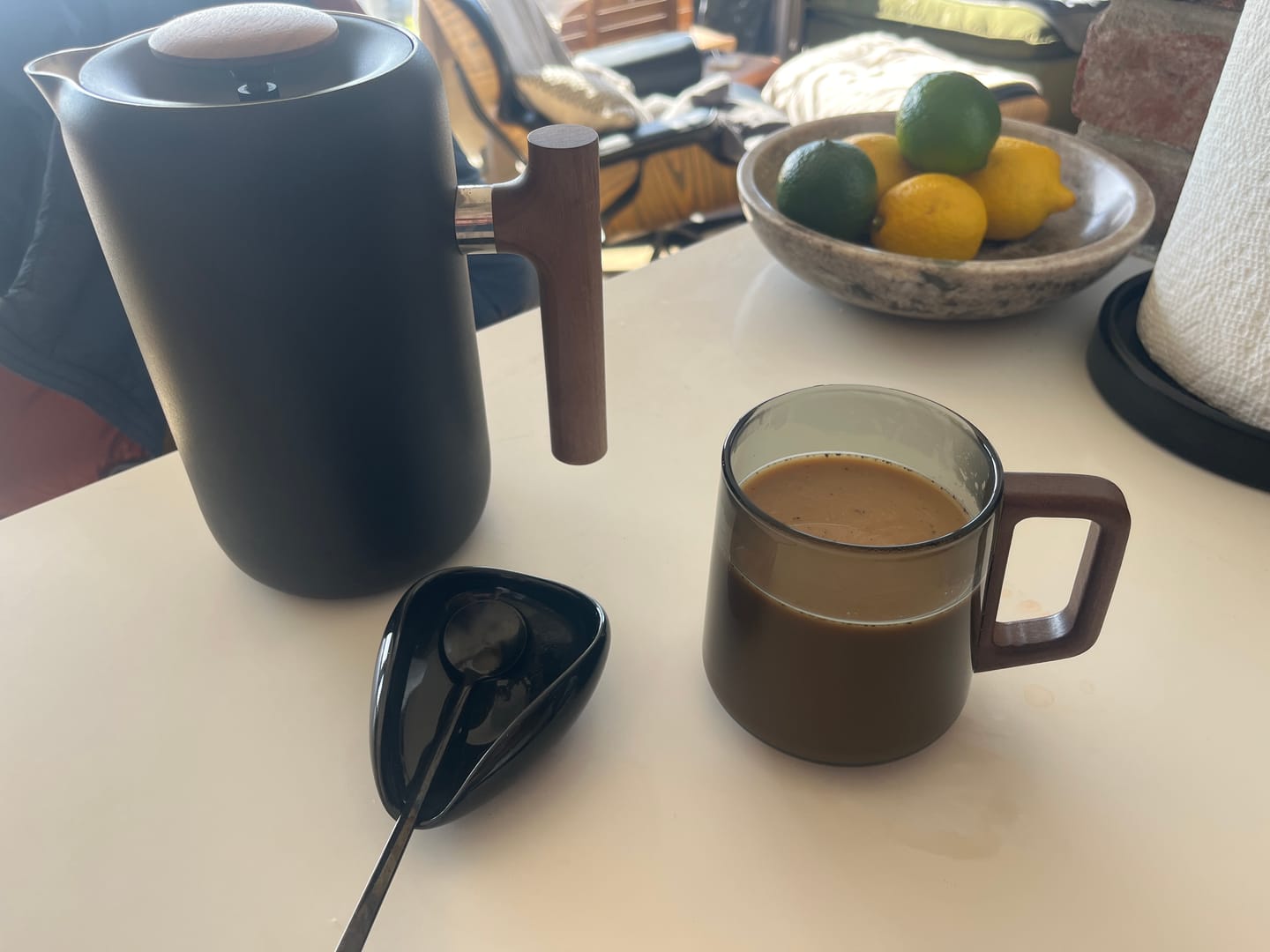 Customer photo review of Smokey Gray Glass Slanted Coffee Cups With Wooden Handle