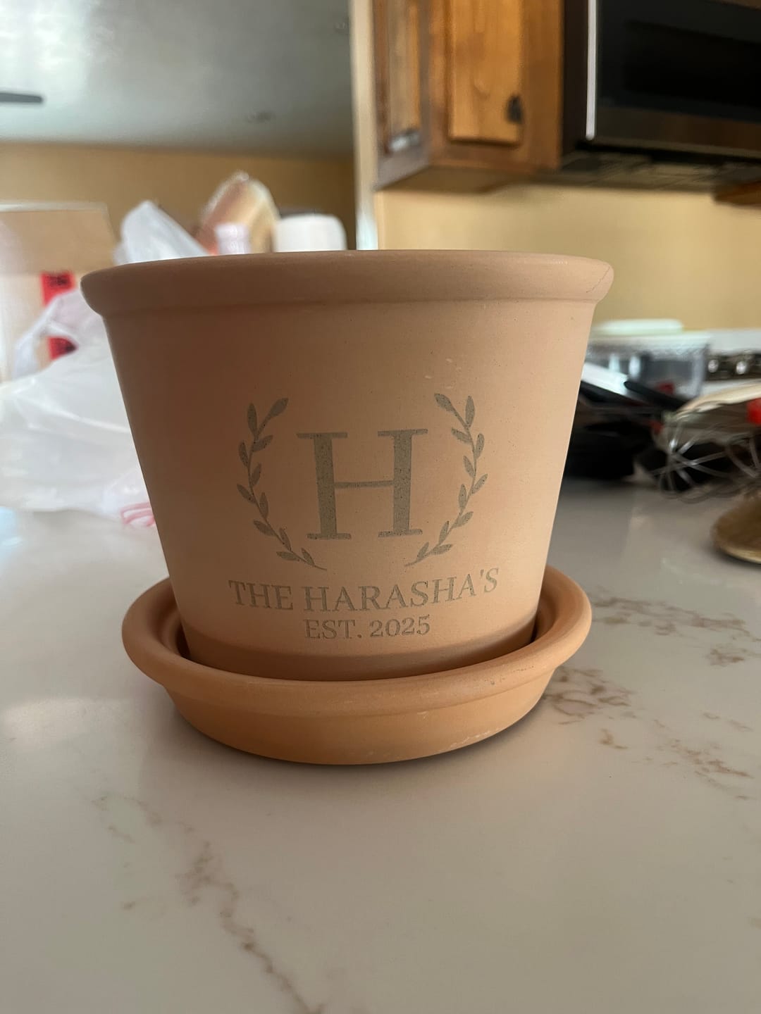 Customer photo review of Custom Engraved Tree Planting Wedding/ Anniversary Terracotta Pot & Saucer