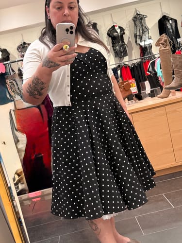 Customer photo review of NEW FIT - Maneater Swing Dress in Black Polka Dot - Vixen by Micheline Pitt