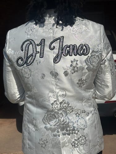 Customer photo review of Men's Notched Lapel One Button Jacquard Silver Tuxedo