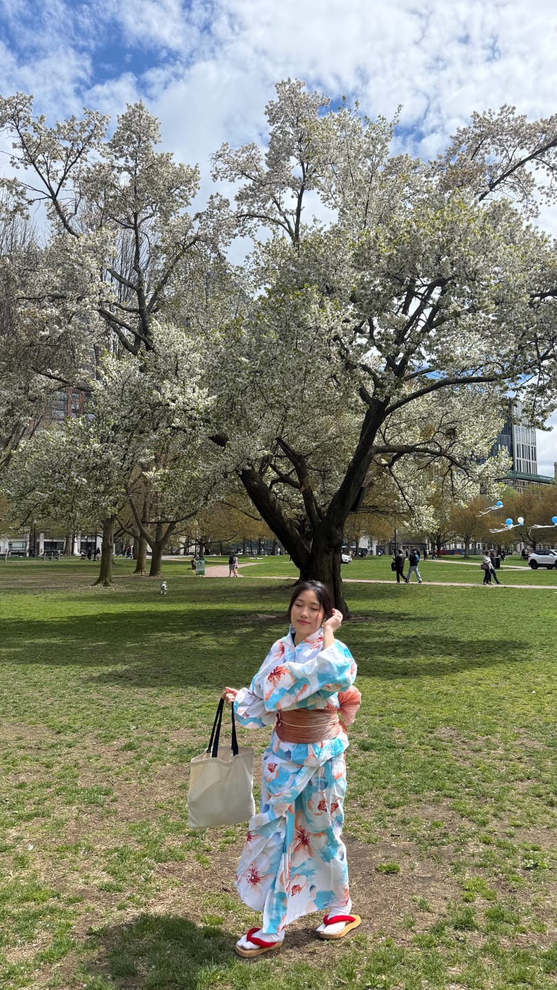 Customer photo review of Yukata Kimono - Pink Cherry Blossoms in Blue (Style #2647)