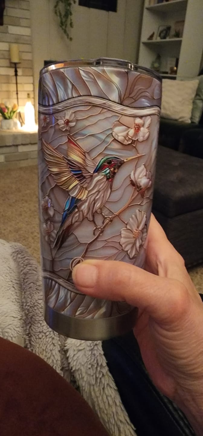 Customer photo review of Stained Glass Hummingbird Personalized Tumbler