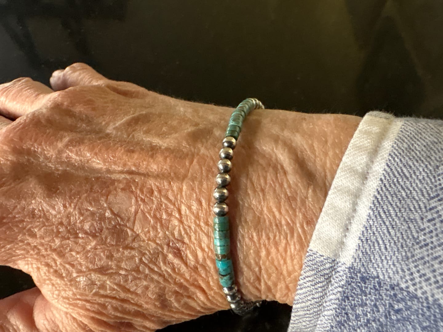 Customer photo review of Navajo Turquoise & Sterling Silver Beaded Bracelet 7.5 inch