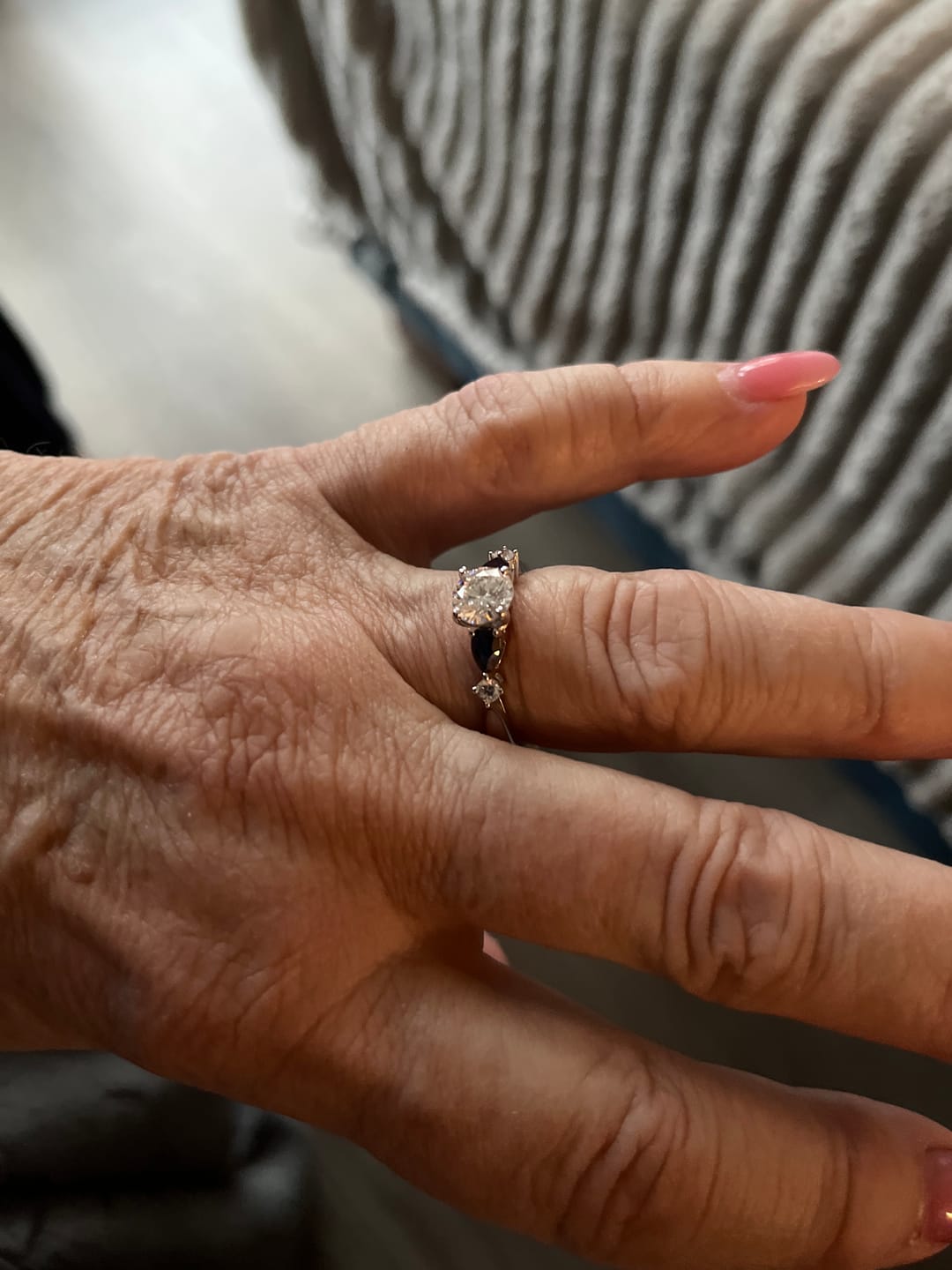 Customer photo review of Five Stone Moissanite And Sapphire Engagement Ring
