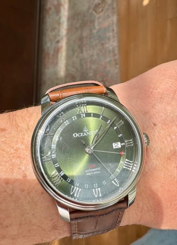 Customer photo review of Oceaneva Men's OceanTrek GMT Automatic 200m Leather Watch Olive Drab