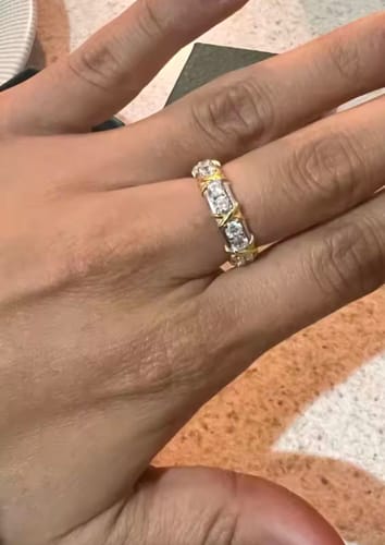 Customer photo review of Knots Crossover Moissanite Wedding Band Gold Plated Silver Ring