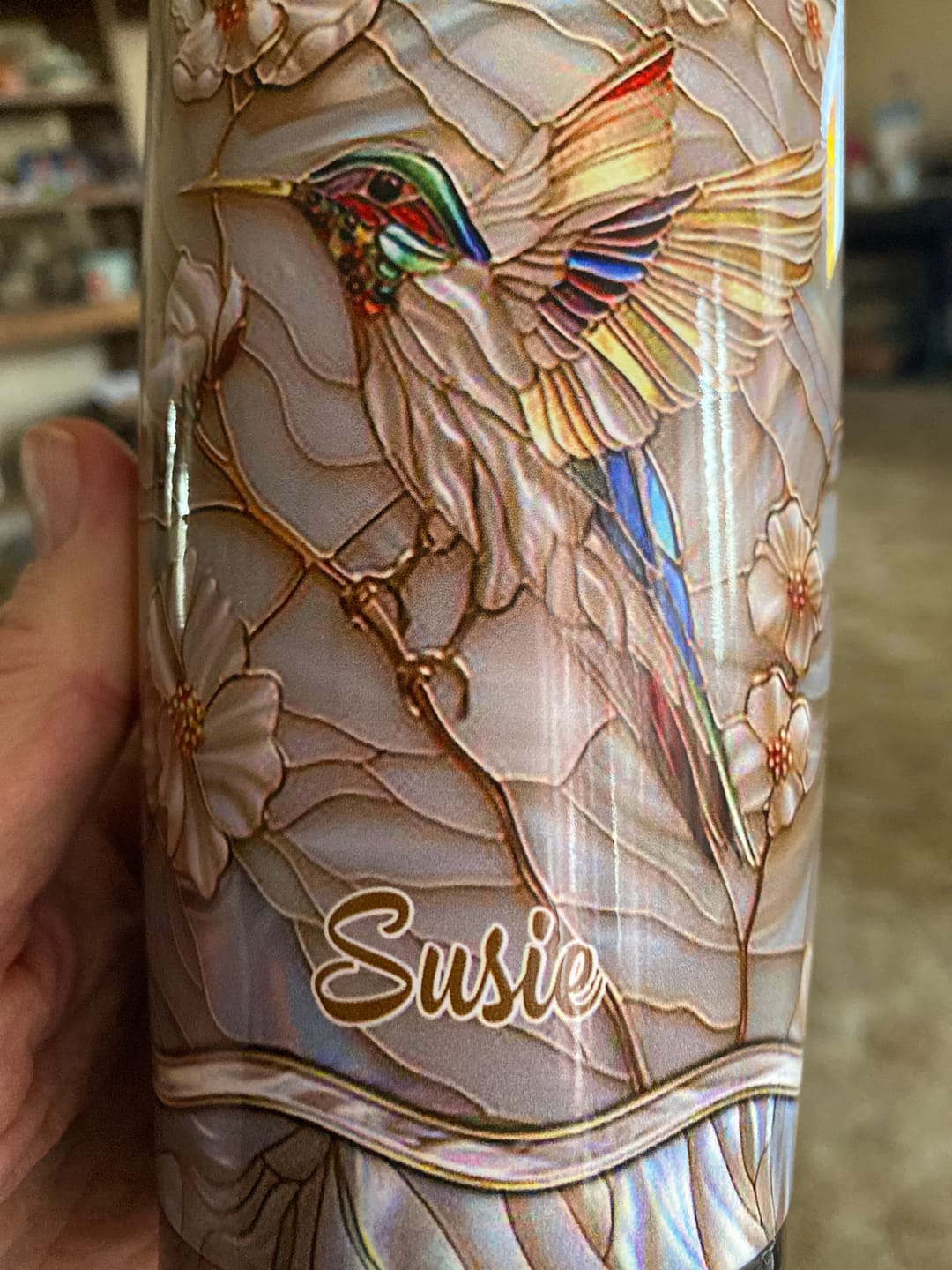 Customer photo review of Stained Glass Hummingbird Personalized Tumbler