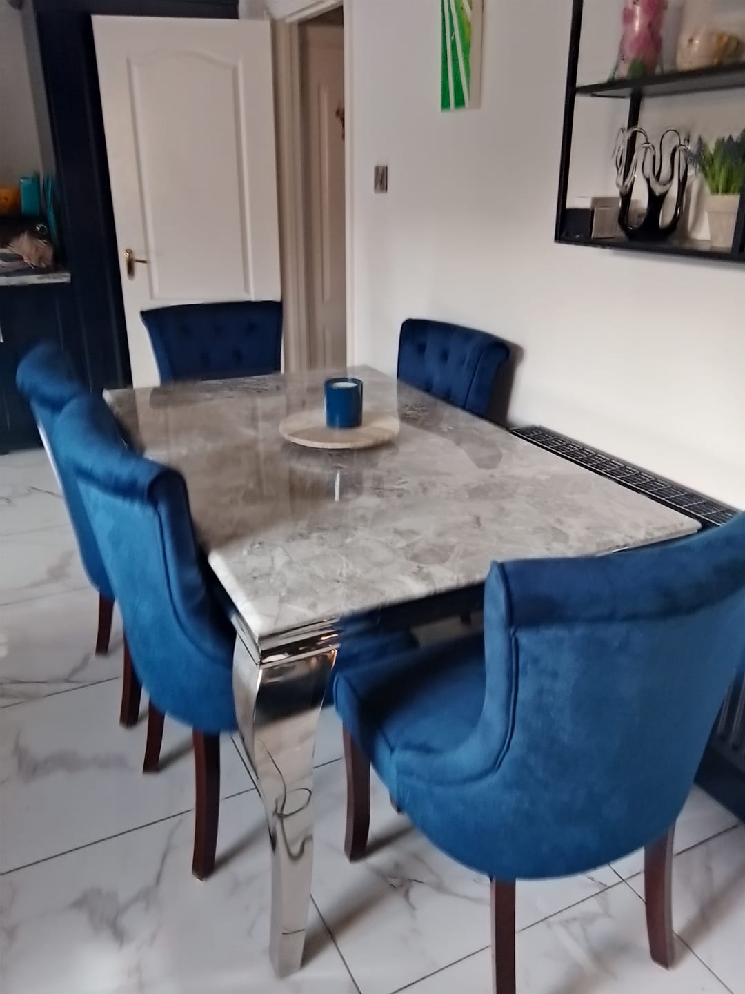 Customer photo review of Kingston Chenille Blue Dining Chair