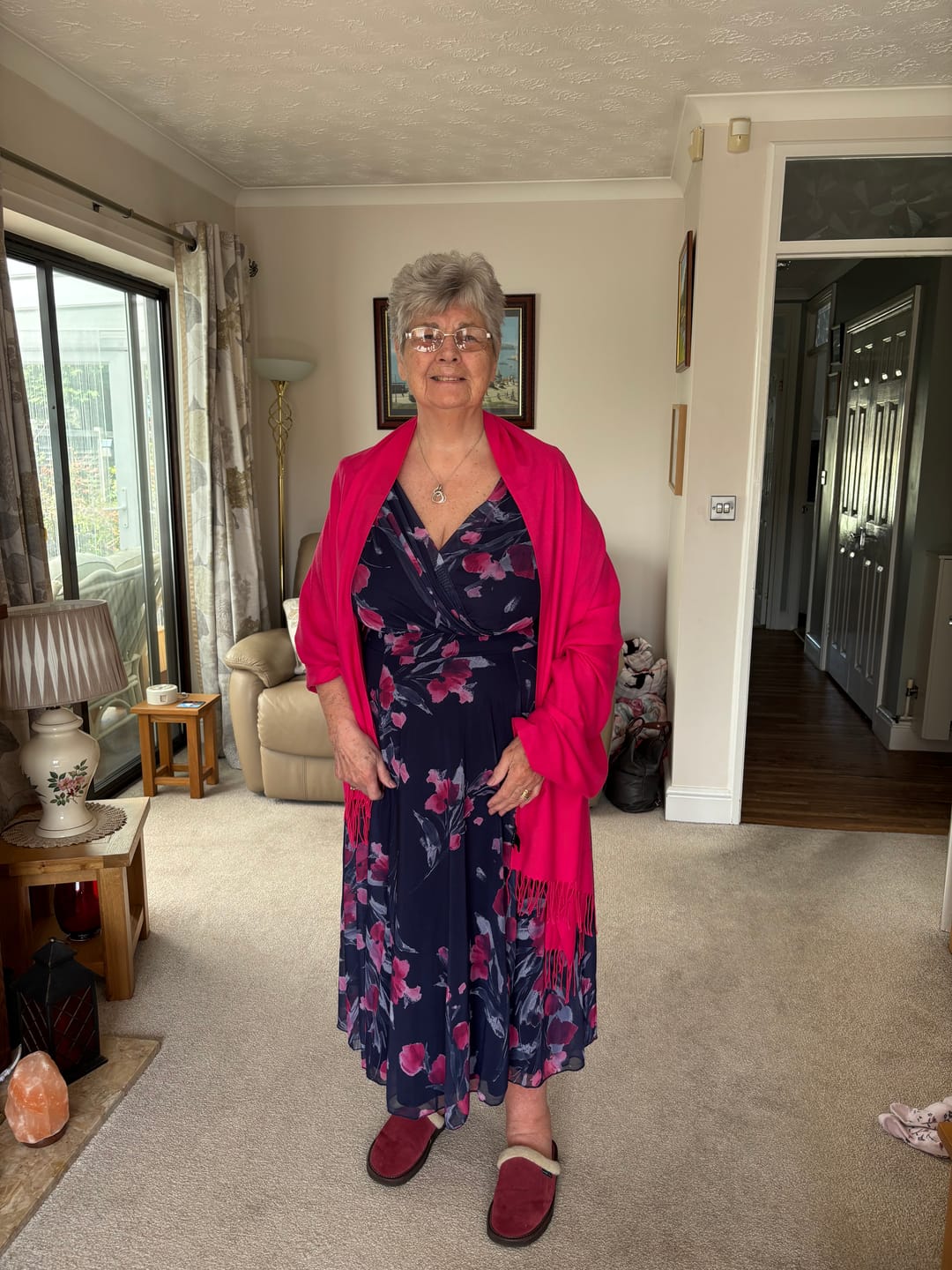 Customer photo review of Victoria Navy Pink Floral Angel Sleeve Mesh Long Midi Dress