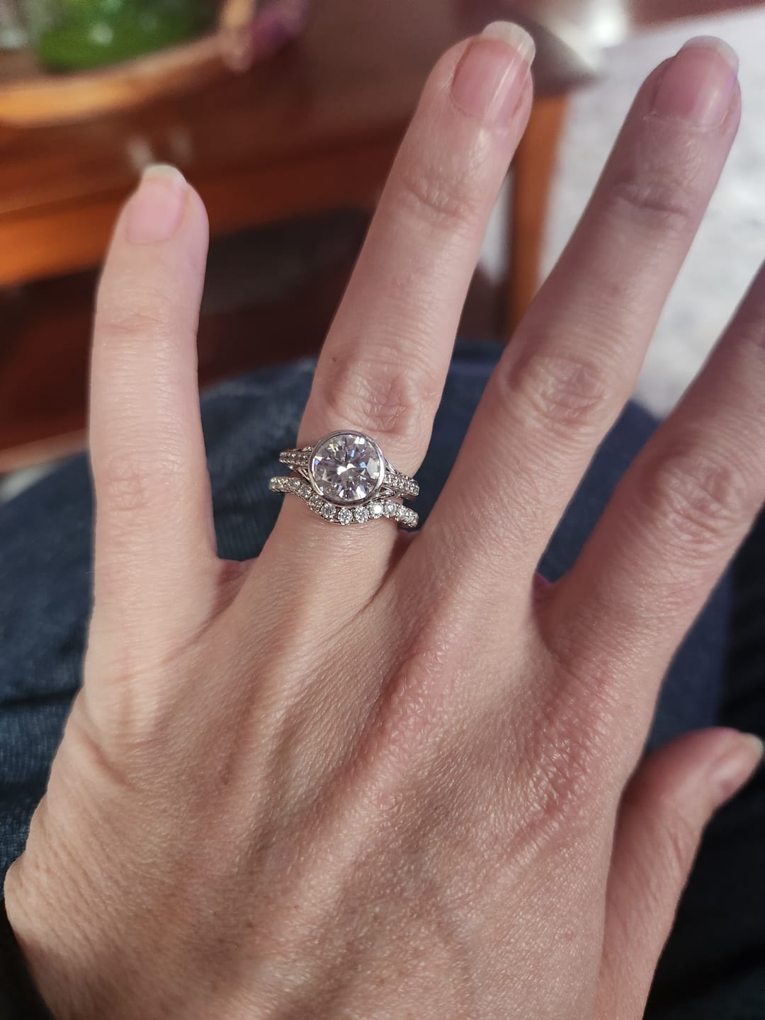 Customer photo review of Curved Pave Moissanite Half Eternity Wedding Band Stackable Ring