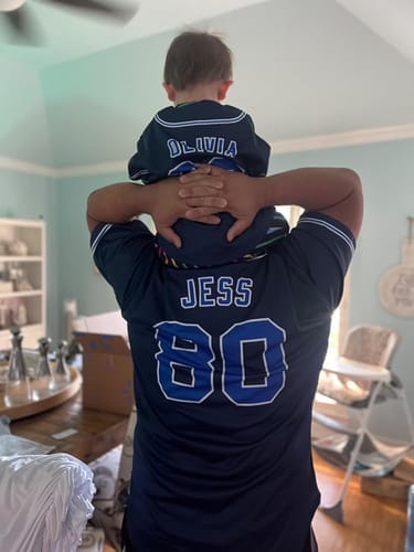Customer photo review of Custom Cream Light Blue-Light Gray Stripe Fashion Design Full Button Authentic Baseball Jersey