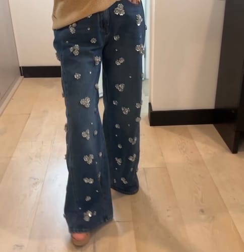 Customer photo review of Flower Applique Rhinestone Embellished Wide Leg Jeans