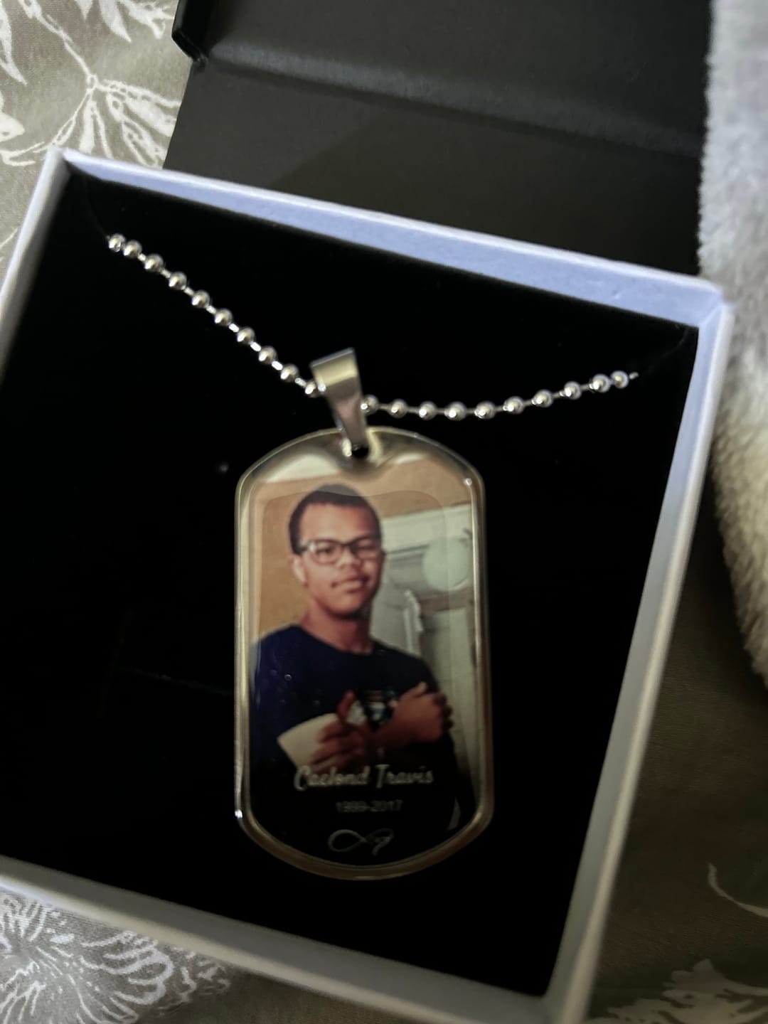 Customer photo review of Custom Name Photo Dog Tag Memorial Necklace