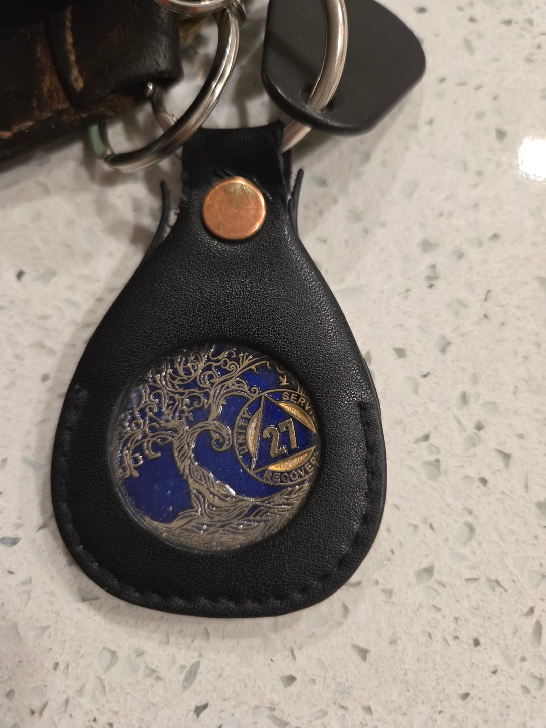 Customer photo review of 27 Year Sobriety Mint Twisted Tree of Life Gold Plated AA Recovery Medallion - Twenty Seven Year Chip/Coin - Blue