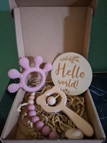 Customer photo review of Newborn Baby 4pc Silicone Hand Teether Wooden Bear Rattle Gift Set