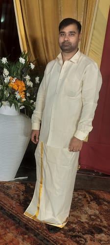 Customer photo review of Vaibhav - Gold Shirt and Jari Single Dhoti Tissue Set 2 In 1 For Men | Uathayam