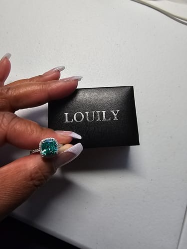 Customer photo review of Louily Exquisite Halo Cushion Cut Cyan Blue Engagement Ring In Sterling Silver