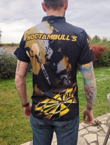 Customer photo review of Maxcorners Yellow Dart Board Hazy Smoke Custom 3D Dart Shirts For Men, Darts League Team Shirt Dart Jerseys