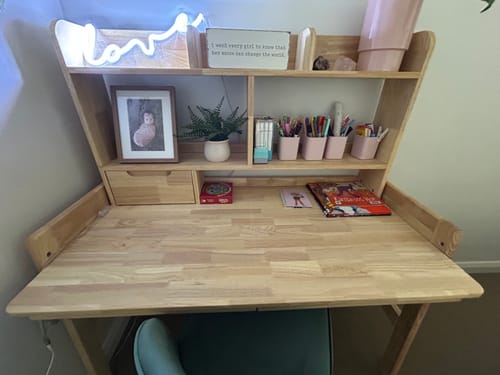 Customer photo review of Ave Solid Wood Study Desk with Shelf and Drawers/Bookcase/Rubberwood/Natural wood color