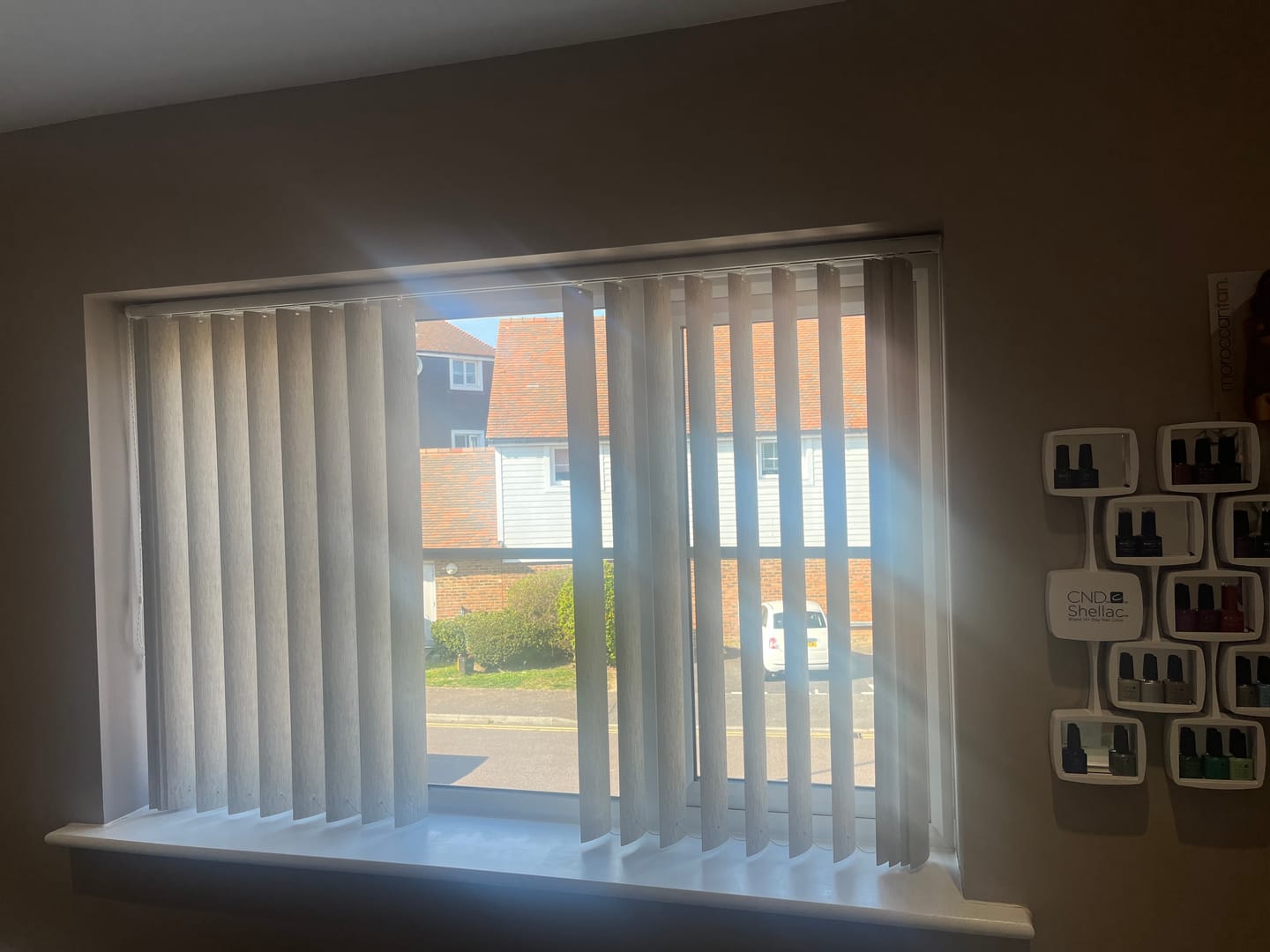 Customer photo review of Atakama Champagne Blackout PVC Vertical Blinds