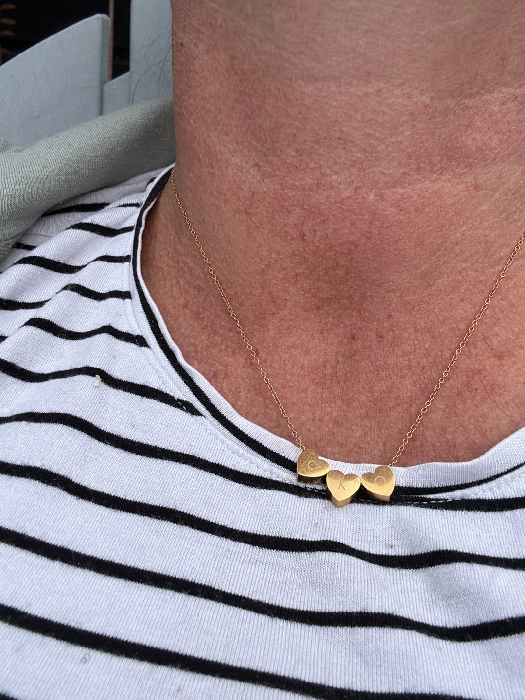 Customer photo review of Amo Heart Triple Bead Necklace in Gold