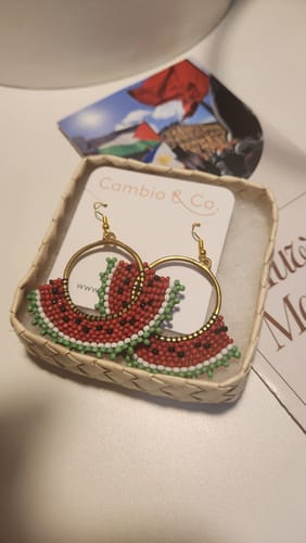 Customer photo review of Watermelon Solidarity Beaded Hoops