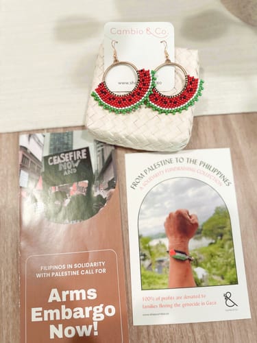 Customer photo review of Watermelon Solidarity Beaded Hoops