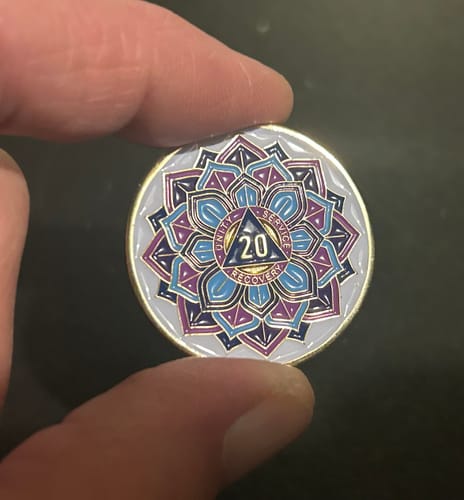 Customer photo review of 1 to 50 Year Sobriety Mint 'In Bloom' Lotus Flower Gold Plated AA Recovery Medallion/Chip/Coin - White