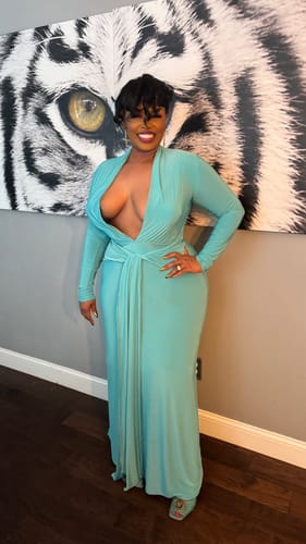 Customer photo review of Hourglass Plunge Draped Tie Dress