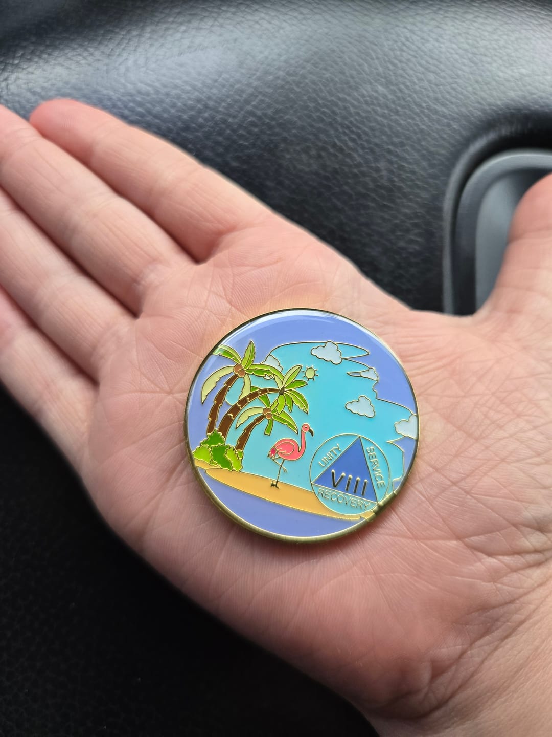 Customer photo review of 1 to 60 Year Beach Themed Specialty AA Recovery Medallion - Tri-Plated Chip/Coin
